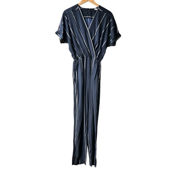 Maje Pandora Navy Blue Woven Stripe Twill Jacquard Jumpsuit Panti Marine Sz 38 M - Picture 5 of 14